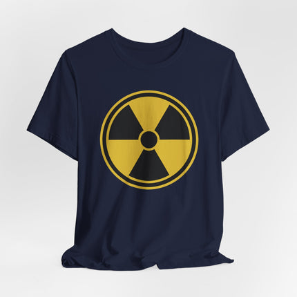 Yellow and black radiation symbol graphic on a navy blue hazard warning t-shirt.