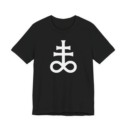 Black graphic tee with white occult symbol, featuring the Leviathan Cross design.