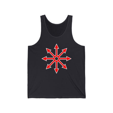 Red chaos star symbol graphic on a black unisex tank top.
