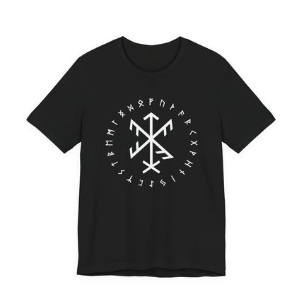 Bind rune and Elder Futhark runes graphic on a black Norse t-shirt.