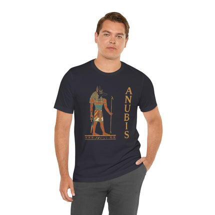 Anubis jackal god t-shirt graphic featuring ancient Egyptian mythology art.