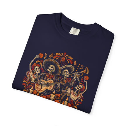 Day of the Dead T-Shirt | Skeleton Musicians and Marigold Art