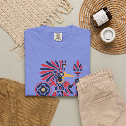 Aztec Hummingbird Warrior T-Shirt | Feathered Figure and Shield Art Tee