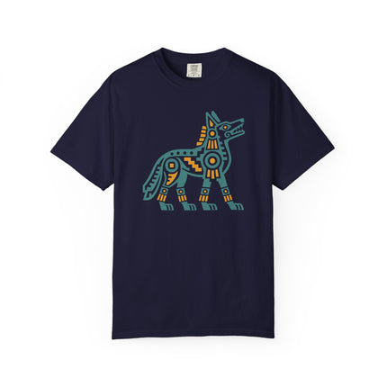 Aztec Coyote T-Shirt | Teal and Blue Geometric Animal Illustration Tee