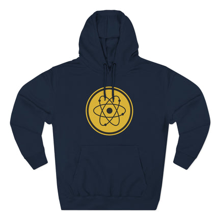 Science hoodie featuring a yellow atomic symbol graphic for physics and chemistry enthusiasts.