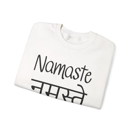 Namaste and नमस्ते Devanagari script graphic on a white unisex sweatshirt.