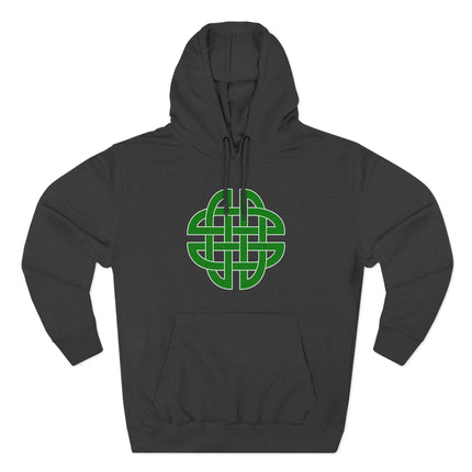 Green Celtic knot symbol graphic on a black pullover hoodie.