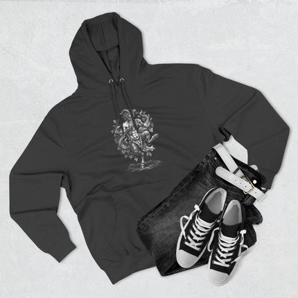 Greek mythology Pan satyr god design on black pullover hoodie.