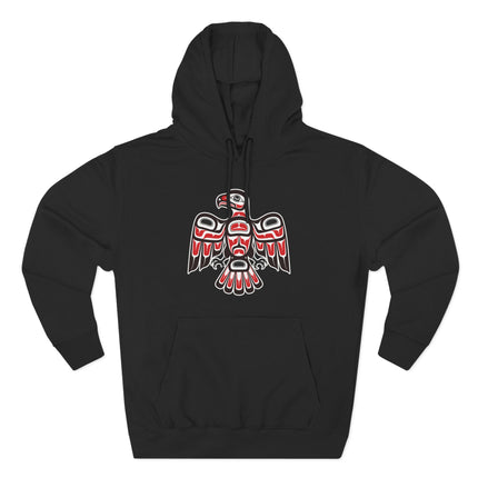 Red and white Northwest Coast tribal hawk art graphic in formline style.