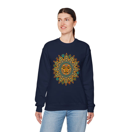 Navy sweatshirt featuring a vibrant Huichol sun symbol graphic of Mesoamerican mythology.