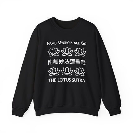 Namu Myoho Renge Kyo Lotus Sutra sweatshirt featuring Buddhist text and white lotus flower graphic.