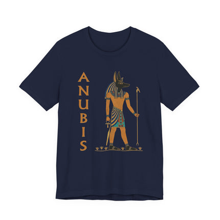Anubis Egyptian god illustration featuring jackal head, ancient Egyptian motifs, and vertical name text.