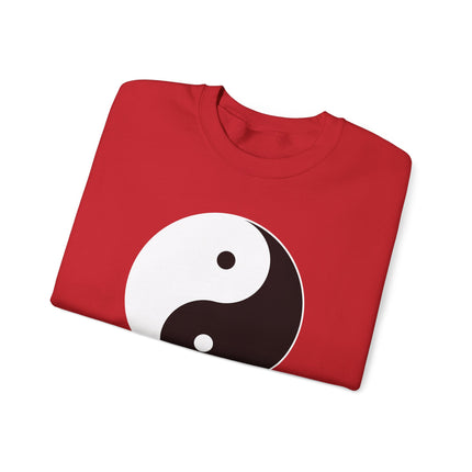 Yin Yang symbol graphic on unisex pullover sweatshirt design representing harmony and balance.