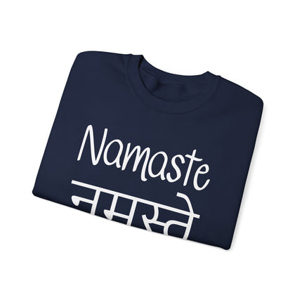 Navy blue Namaste sweatshirt featuring English and Devanagari Hindi script for cultural wear.