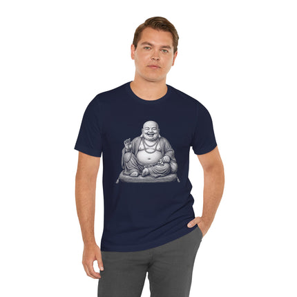 Laughing Buddha graphic tee featuring the happy Zen figure of Hotei, symbolizing peace and good fortune.