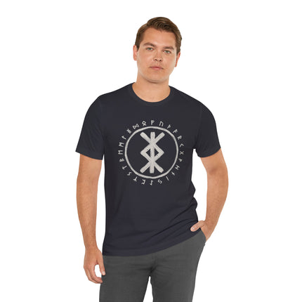 Norse runes and protection rune graphic on a dark t-shirt featuring the Elder Futhark alphabet.