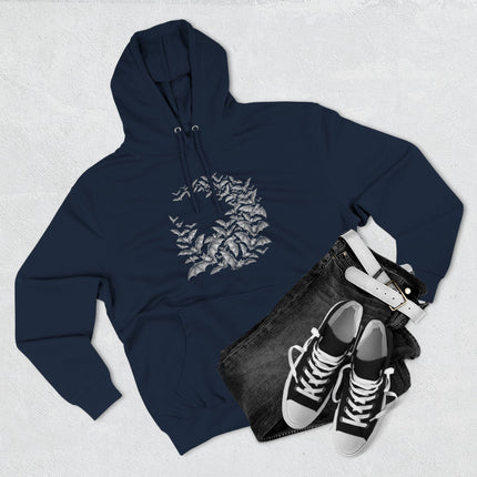Circular bat swarm graphic on a dark navy gothic pullover hoodie.