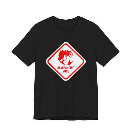 Black t-shirt featuring the "Headbanging Zone" rock graphic. Ideal metal and punk apparel for music fans.
