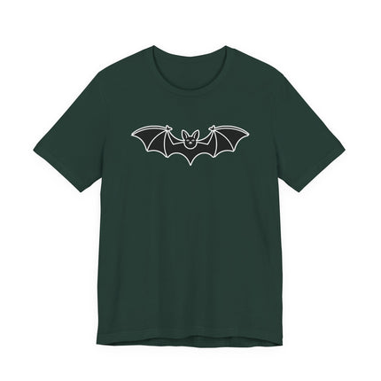 Gothic bat line art graphic tee on a dark green unisex shirt.