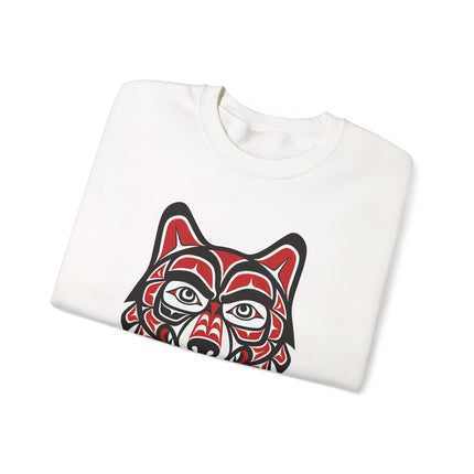 Pacific Northwest wolf spirit artwork on an indigenous animal print pullover sweatshirt.