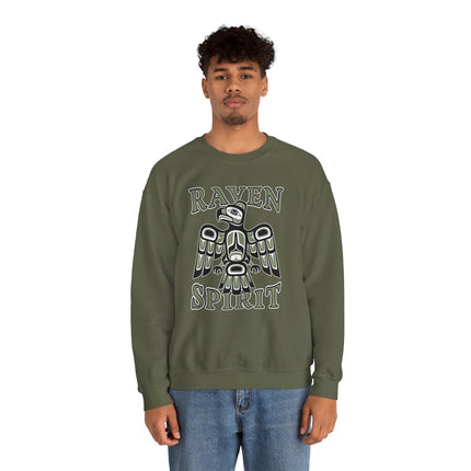 Haida art raven graphic on a sweatshirt, featuring "Raven Spirit" text.