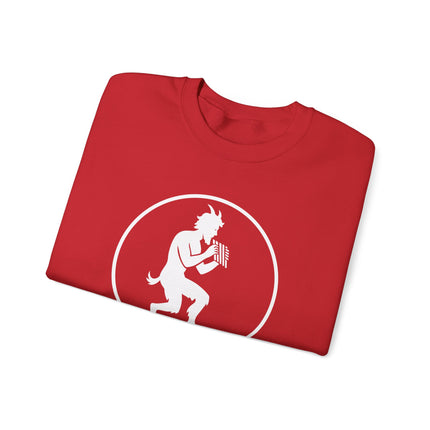 Pan satyr silhouette playing pipes, Greek mythology graphic design on a red sweatshirt.