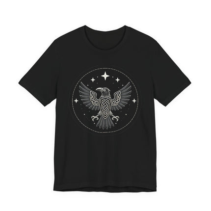 Viking knotwork raven graphic on a black t-shirt. Norse mythology bird design.