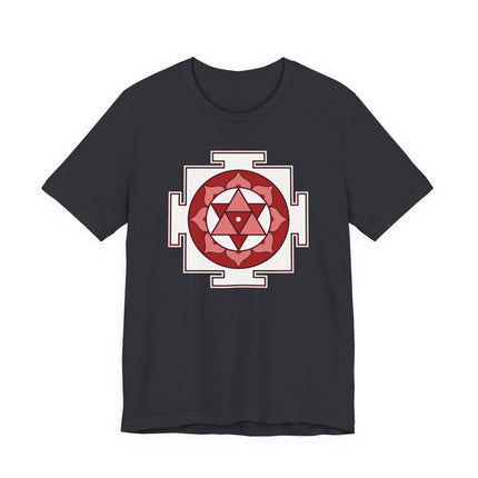 Shiva Yantra sacred geometry symbol printed on a dark spiritual tee shirt.