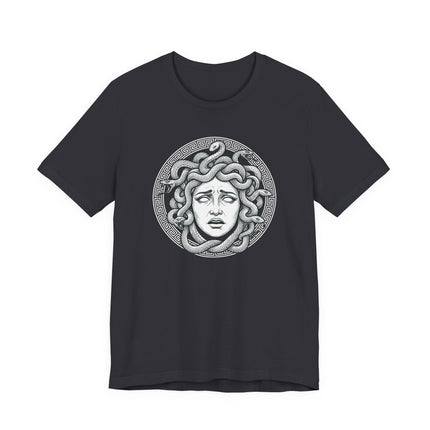 Medusa Gorgon snake hair graphic tee design featuring Greek mythology art.