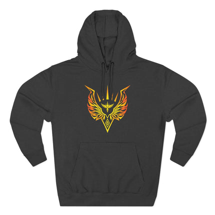 Gold Valkyrie winged emblem graphic on a black Norse mythology hoodie.