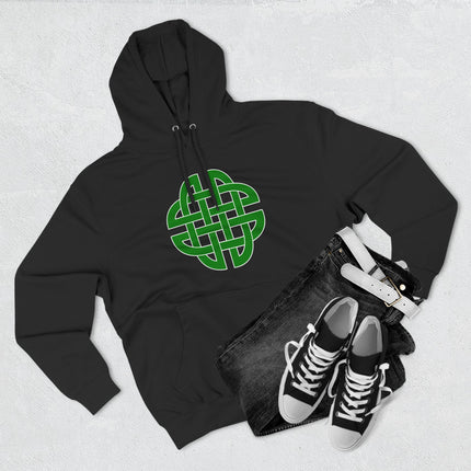 Green Celtic knot symbol graphic printed on a black unisex hoodie.