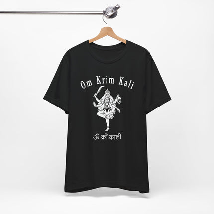 Kali Goddess graphic tee featuring the Om Krim Kali mantra in Hindi and English.
