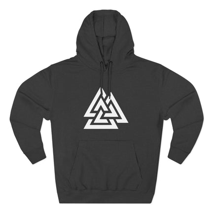 Valknut symbol graphic on a black hoodie. Norse Viking mythology apparel featuring the ancient Odin symbol.
