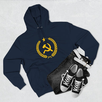 Communist hammer and sickle emblem within a gold laurel wreath on a navy blue pullover hoodie.