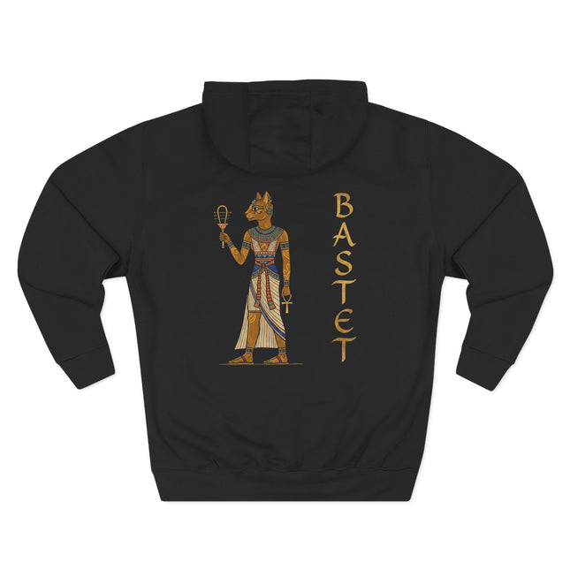 Bastet Egyptian cat goddess graphic print with name on black hoodie. Ancient Egyptian mythology apparel.