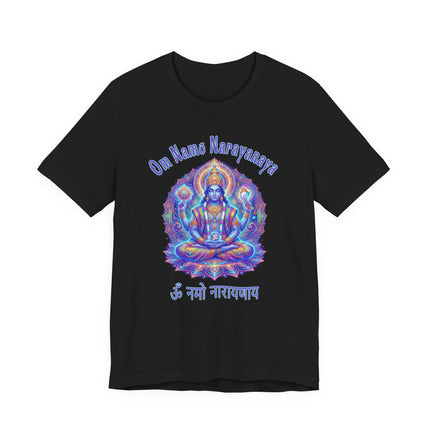 Lord Vishnu meditating graphic tee with Om Namo Narayanaya mantra.