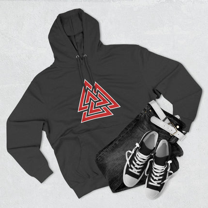 Black Norse Valknut symbol graphic on a pullover hoodie. Red Asgardian Viking warrior design.
