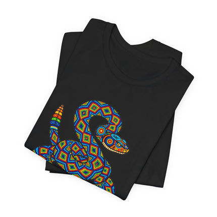 Huichol-style geometric rattlesnake graphic on a black t-shirt, featuring vibrant Mexican folk art patterns.