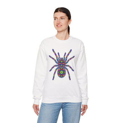 Colorful Huichol-style tarantula graphic on a white unisex sweatshirt.