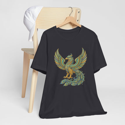 Golden Homa Bird phoenix design on a black t-shirt, featuring intricate Persian mythological art.