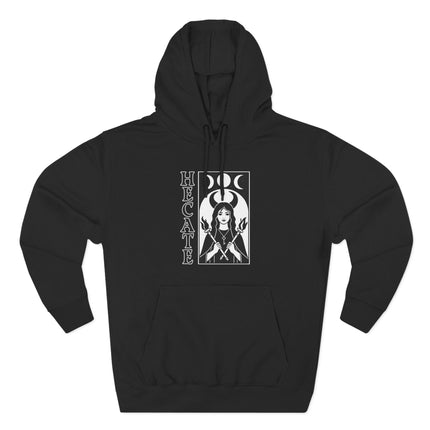 Hecate Goddess Witchcraft Triple Moon symbol graphic on black pullover hoodie.
