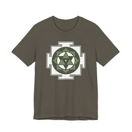 Shiva Yantra sacred geometry print on a brown spiritual t-shirt.