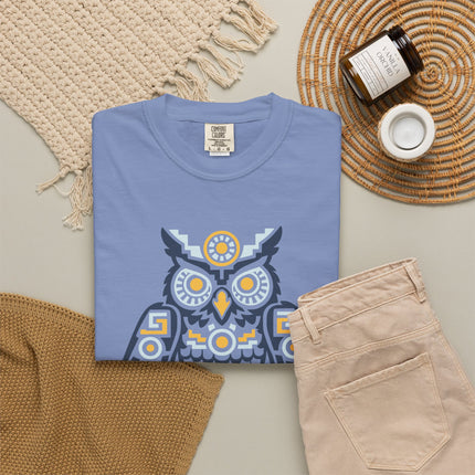Aztec Owl T-Shirt | Rust Red Geometric Bird with Gold Eye Details Tee