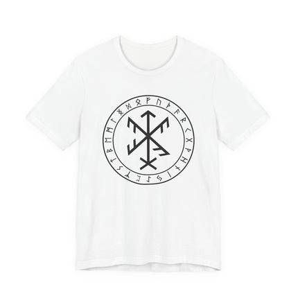 Norse bind rune graphic on a white tee, surrounded by Futhark runes and Viking symbols.