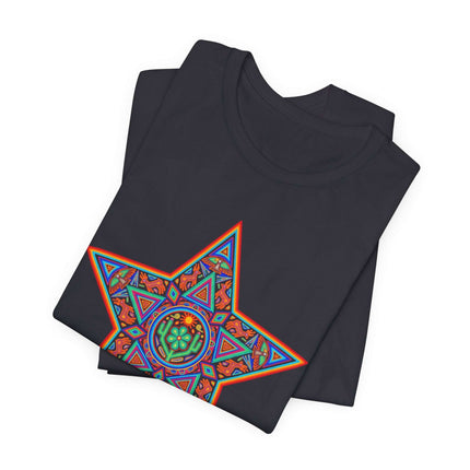 Colorful Huichol star graphic tee featuring vibrant Mexican indigenous geometric art print.