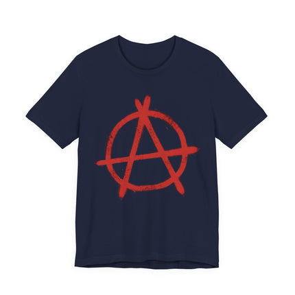 Red spray paint anarchy symbol graphic tee on a dark blue background.