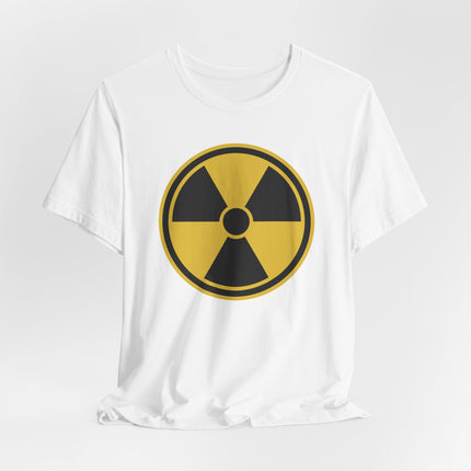 Yellow and black radiation hazard symbol graphic printed on a white t-shirt.