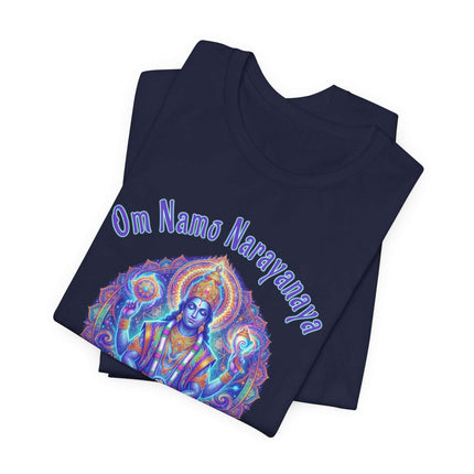 Vishnu and Om Namo Narayanaya mantra graphic tee design featuring Hindu spiritual art.