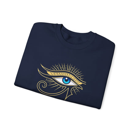 Eye of Ra ancient Egyptian symbol graphic print on a pullover sweatshirt.