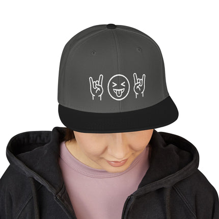 Snapback hat with rock hand sign and fun emoji graphic for streetwear style.